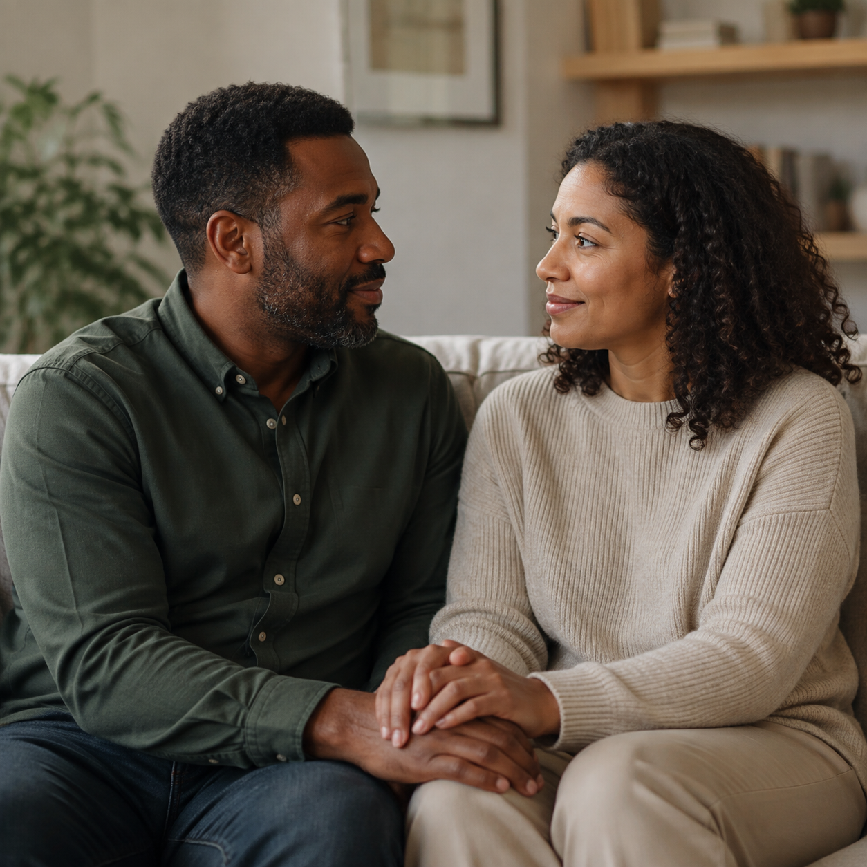 Two adults looking at each other and holding hands on a sofa