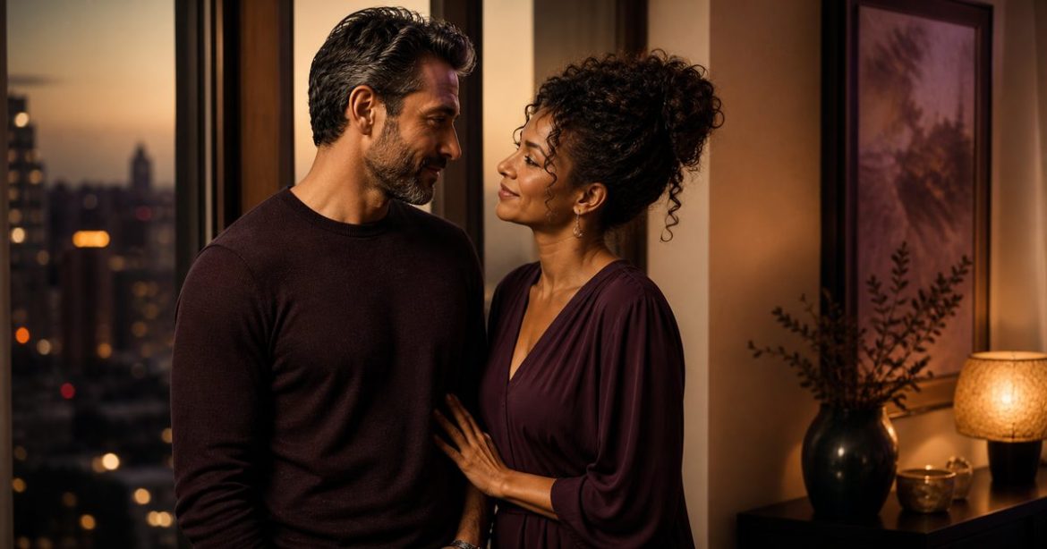 Adult couple sharing warm eye contact during a private evening moment