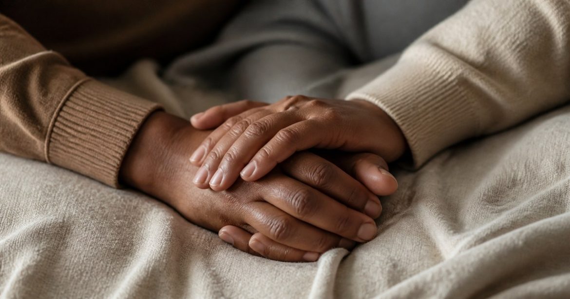 Two clothed adults holding hands in a safe intimate setting